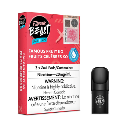 Flavour Beast Pod Pack - Famous Fruit KO Iced placed with a variety of fresh fruits and icy accents, highlighting its bold and refreshing essence.