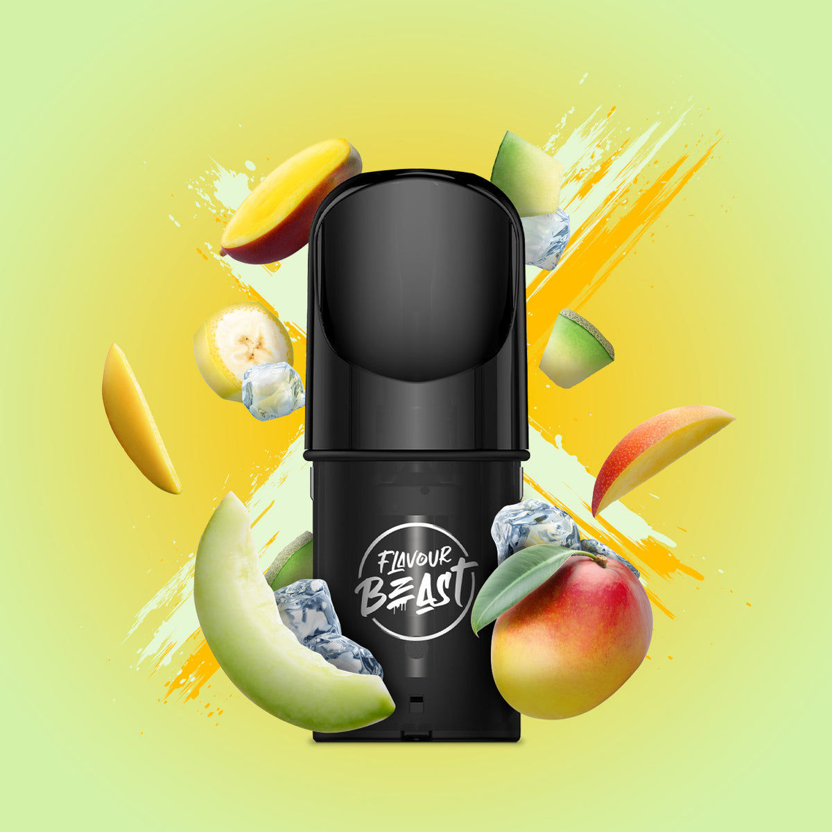 Flavour Beast Pod Pack - Hip Honeydew Mango Iced displayed against a tropical-themed background with icy elements, highlighting its refreshing profile.