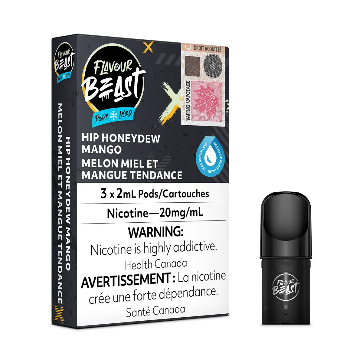 Flavour Beast Pod Pack - Hip Honeydew Mango Iced placed with fresh honeydew and mango slices, emphasizing its sweet and frosty essence.