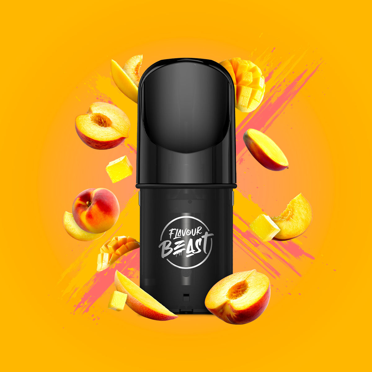 Flavour Beast Pod Pack - Mad Mango Peach displayed against a tropical-themed background, emphasizing its vibrant and refreshing profile.