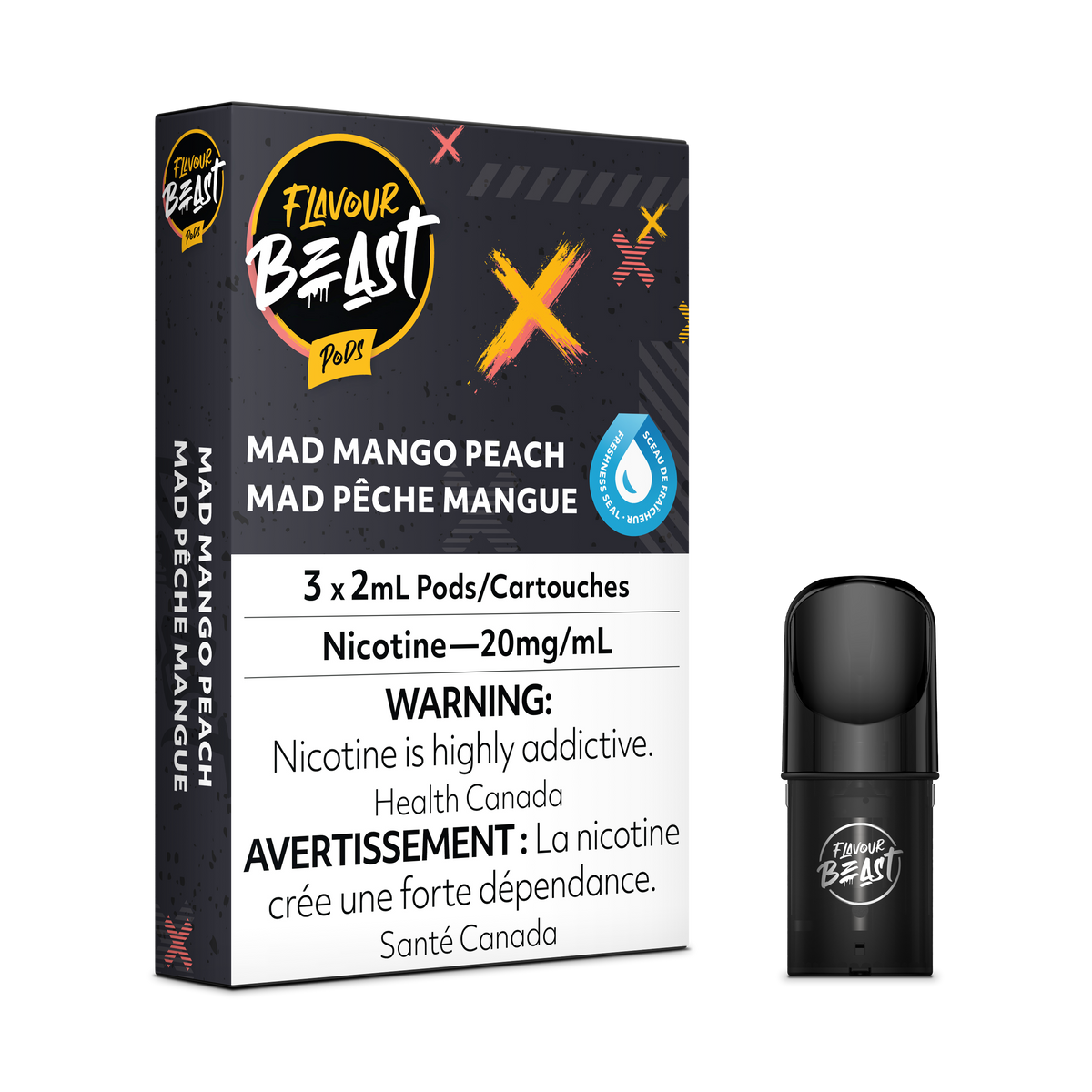 Flavour Beast Pod Pack - Mad Mango Peach 3-pack up close, showcasing sleek design and tropical mango-peach flavor.