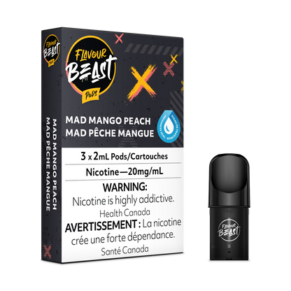 Flavour Beast Pod Pack - Mad Mango Peach 3-pack up close, showcasing sleek design and tropical mango-peach flavor.