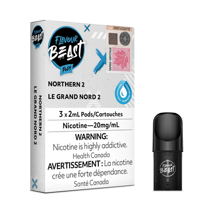 Flavour Beast Pod Pack - Northern 2 placed with frosty accents, emphasizing its cool and refreshing essence.