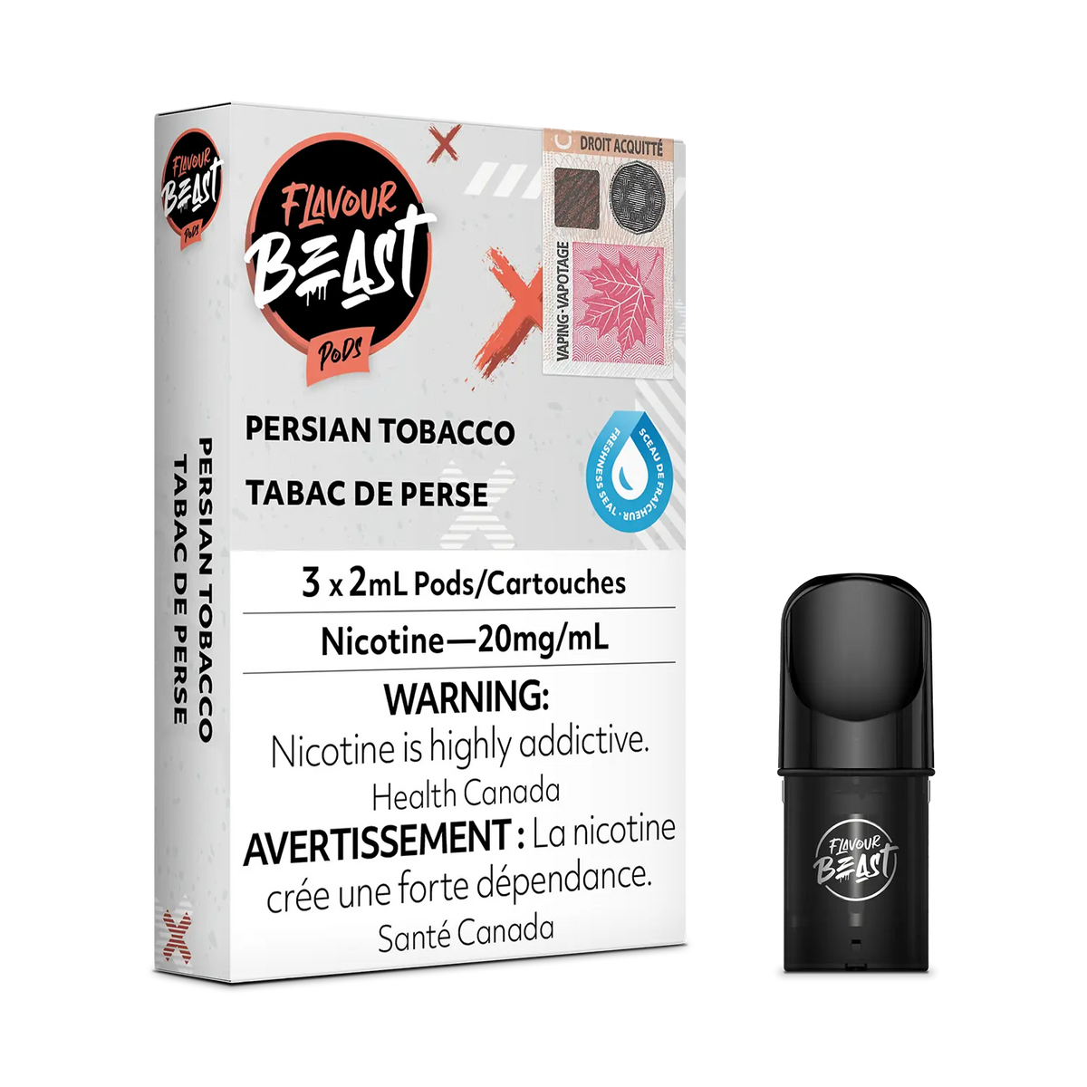 Flavour Beast Pod Pack - Persian Tobacco placed with toasted elements and tobacco leaves, highlighting its bold and refined profile.