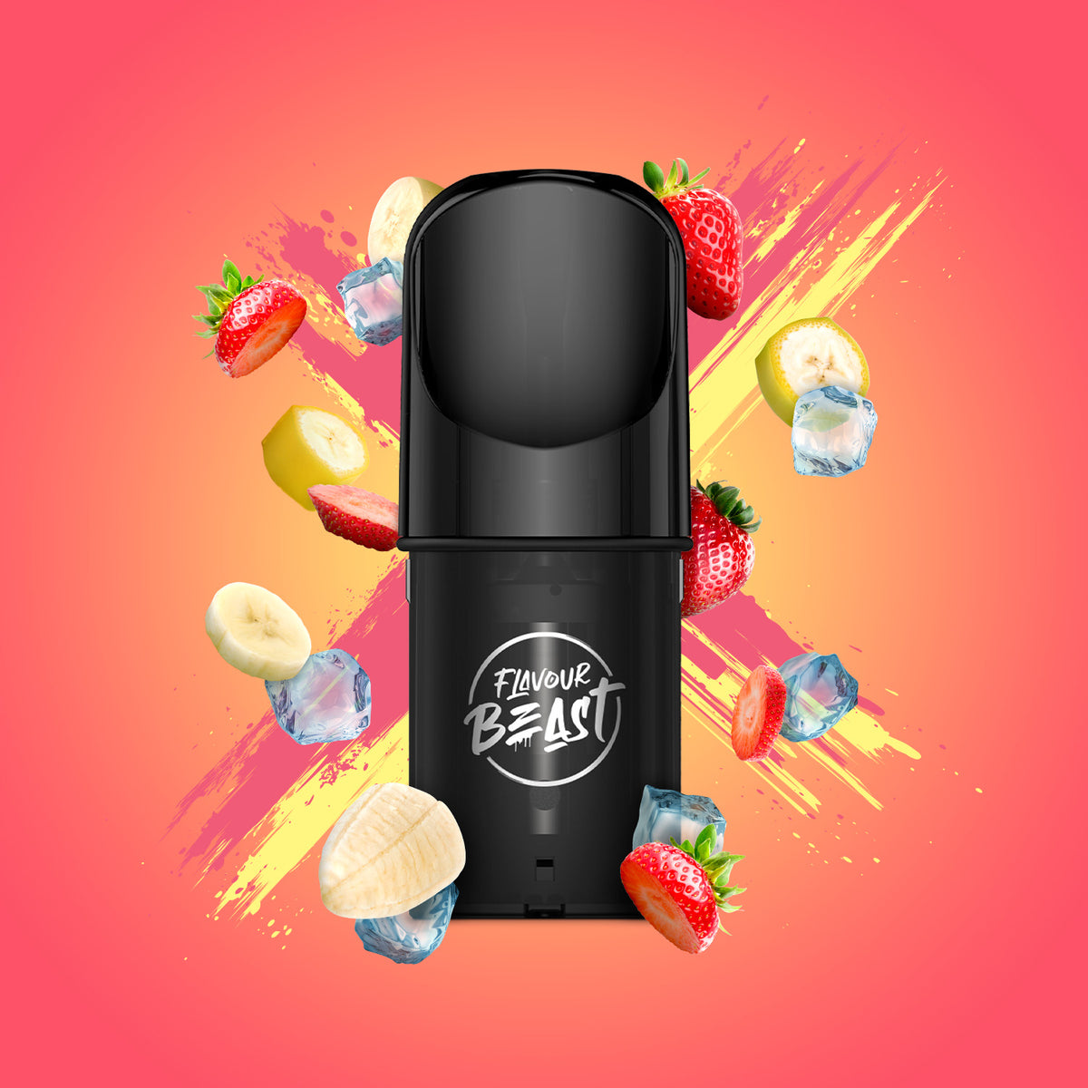 Flavour Beast Pod Pack - STR8 Up Strawberry Banana Iced 2 3-pack up close, showcasing sleek design and fruity flavor.