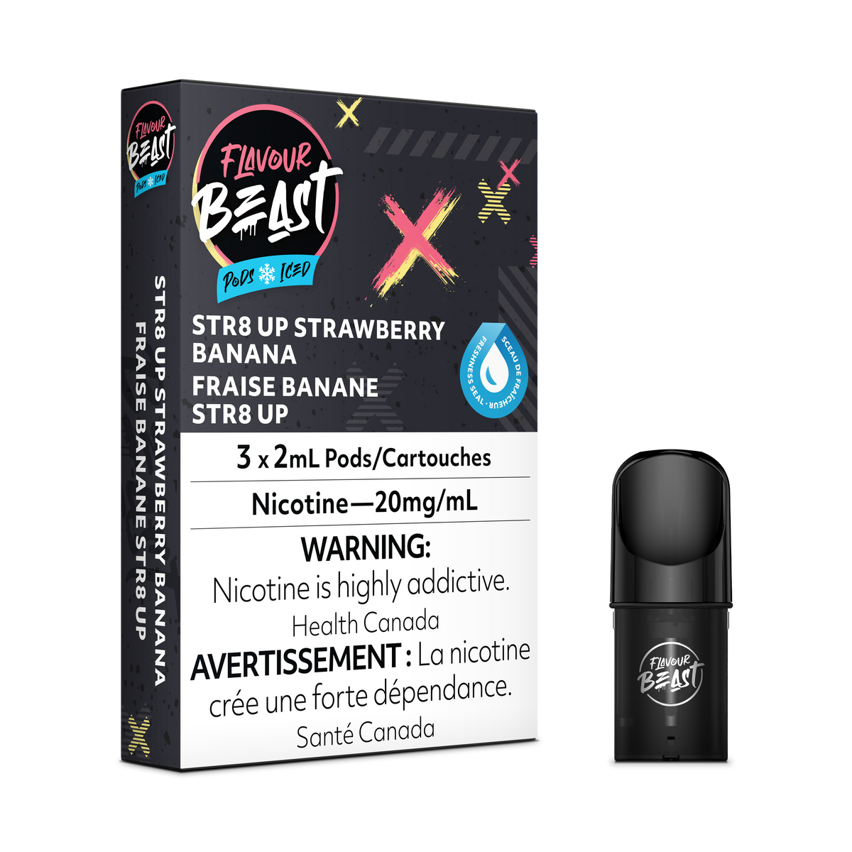 Flavour Beast Pod Pack - STR8 Up Strawberry Banana Iced 2 placed with fresh strawberries, bananas, and icy accents, highlighting its sweet and refreshing profile.