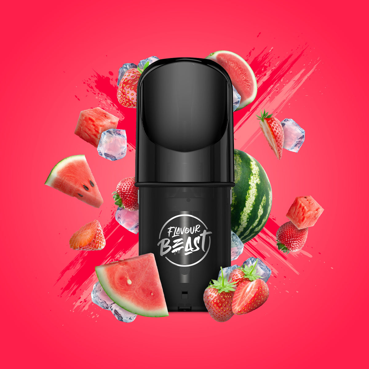 Flavour Beast Pod Pack - Savage Strawberry Watermelon Iced displayed against a fruity-themed background with icy elements, emphasizing its bold and refreshing profile.
