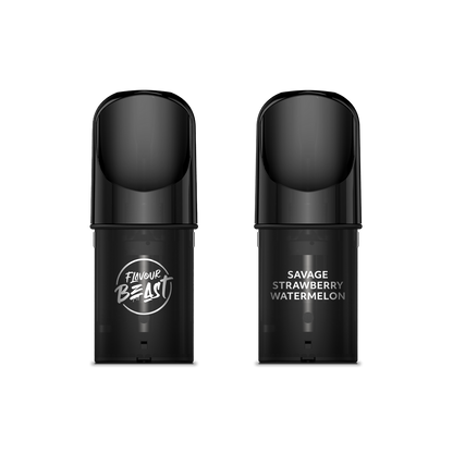 Flavour Beast Pod Pack - Savage Strawberry Watermelon Iced 3-pack up close, showcasing sleek design and bold fruity flavor.