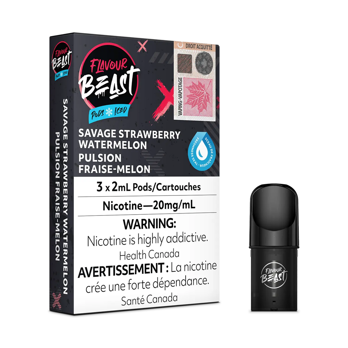 Flavour Beast Pod Pack - Savage Strawberry Watermelon Iced placed with fresh strawberries, watermelon slices, and icy accents, highlighting its vibrant profile.