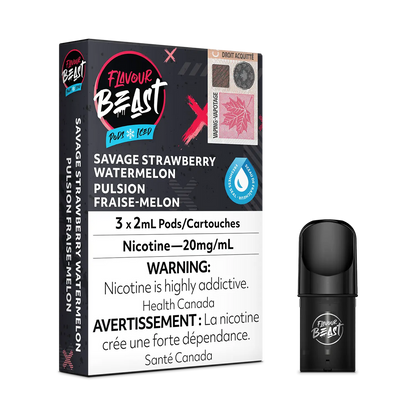 Flavour Beast Pod Pack - Savage Strawberry Watermelon Iced placed with fresh strawberries, watermelon slices, and icy accents, highlighting its vibrant profile.