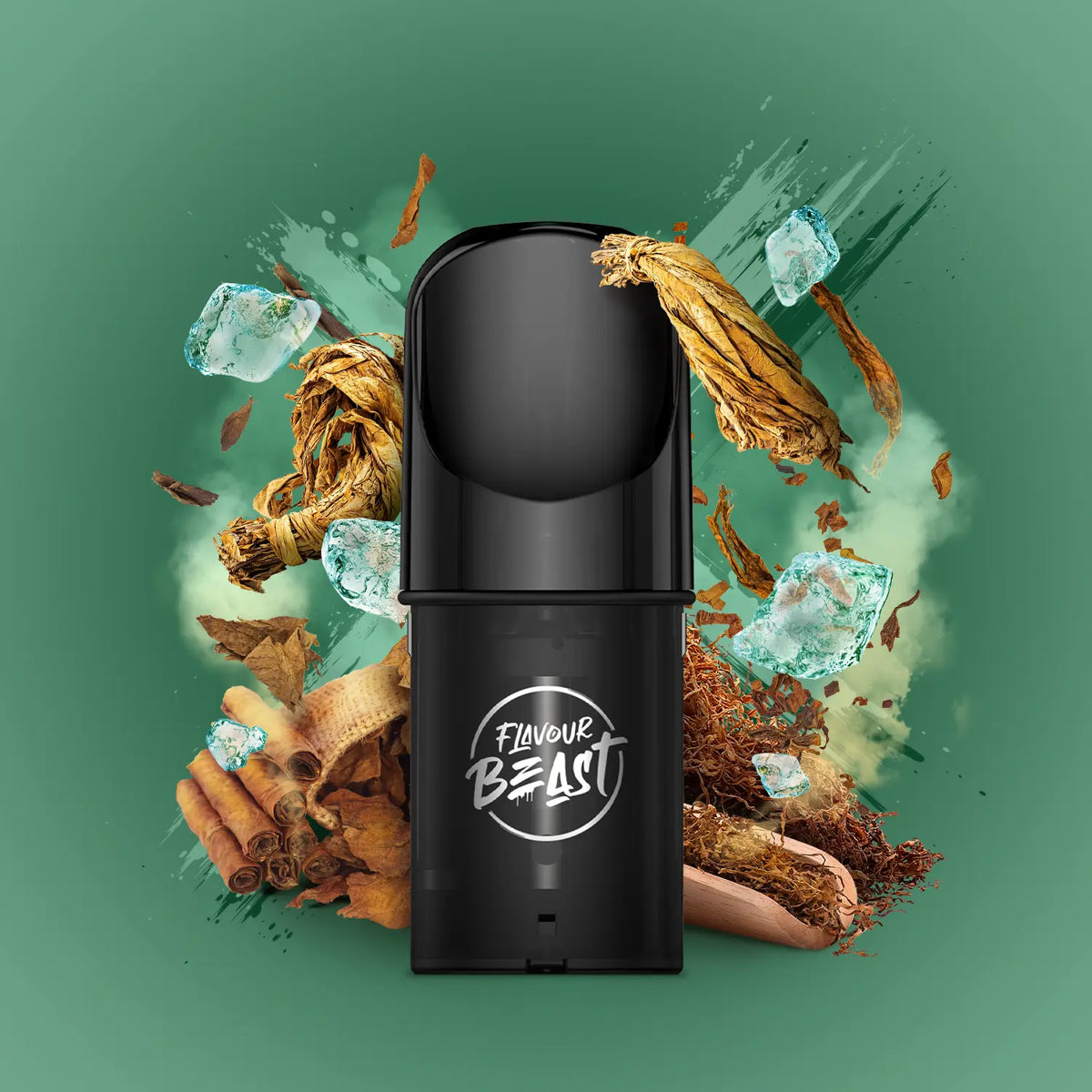 Flavour Beast Pod Pack - Sierra Tobacco displayed against a sophisticated tobacco-themed background, emphasizing its mild and refreshing profile.