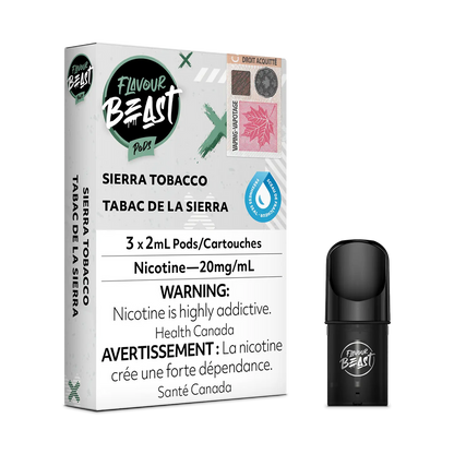 Flavour Beast Pod Pack - Sierra Tobacco placed with fresh tobacco leaves and subtle refreshing accents, highlighting its balanced essence.