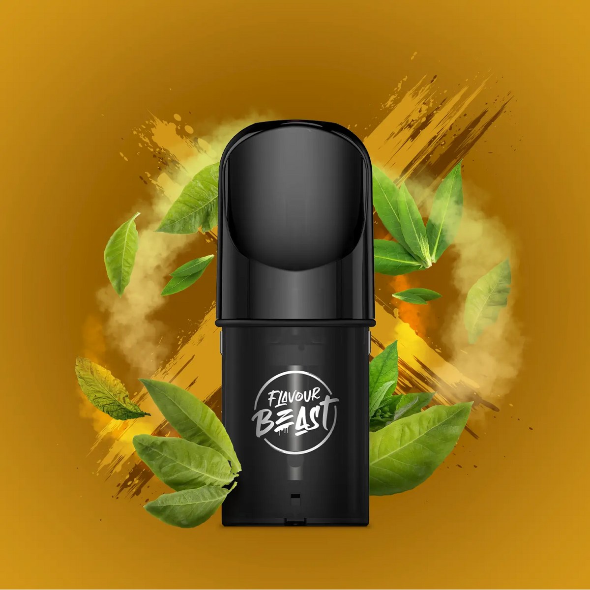 Flavour Beast Pod Pack - Smooth Tobacco displayed against a classic and sophisticated tobacco-themed background, emphasizing its smooth and timeless profile.