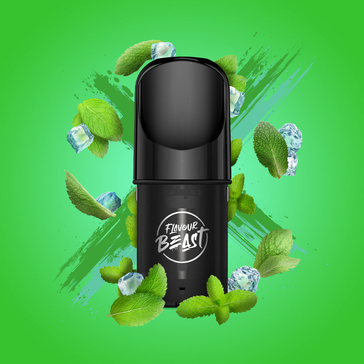 Flavour Beast Pod Pack - Super Spearmint Iced displayed against a mint-themed background with frosty elements, emphasizing its cool and vibrant profile.
