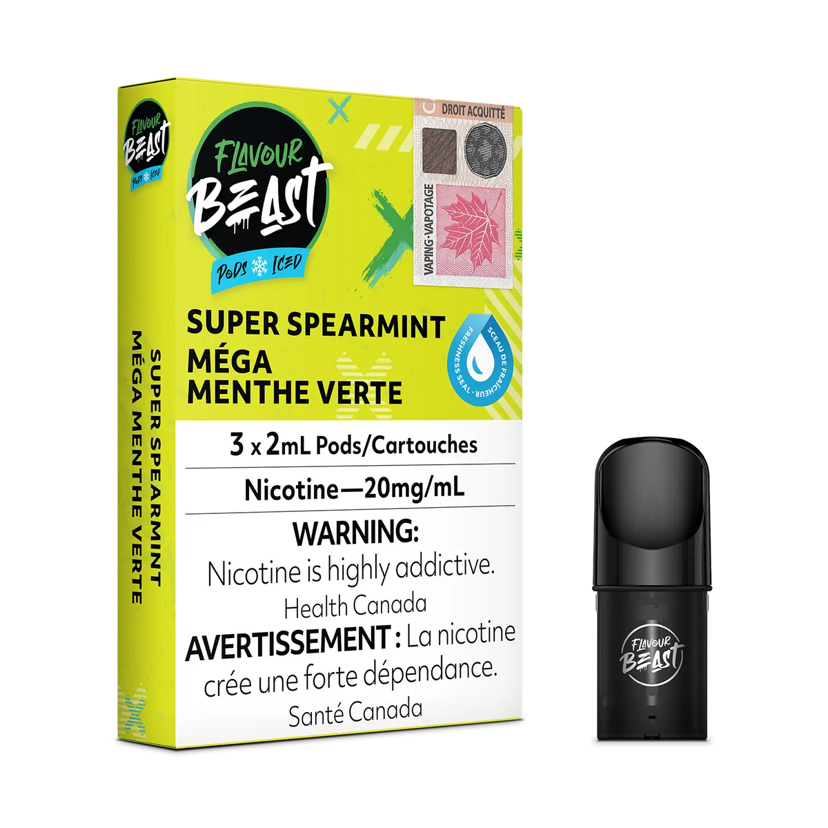 Flavour Beast Pod Pack - Super Spearmint Iced placed with fresh spearmint leaves and icy accents, highlighting its crisp and refreshing essence.