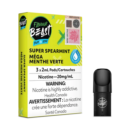 Flavour Beast Pod Pack - Super Spearmint Iced placed with fresh spearmint leaves and icy accents, highlighting its crisp and refreshing essence.