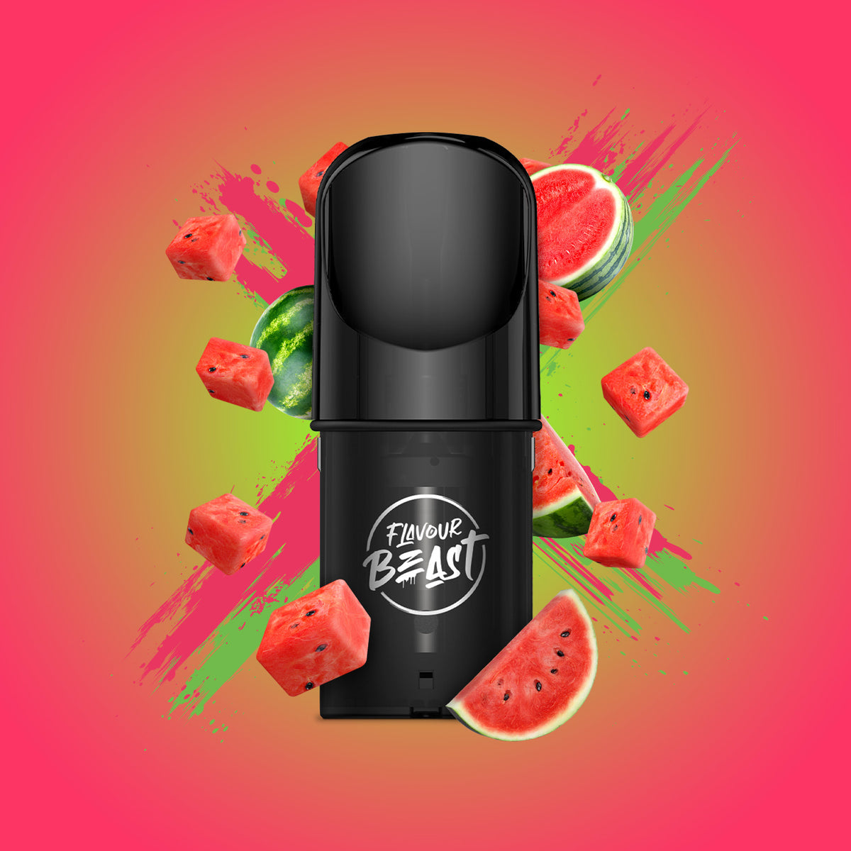 Flavour Beast Pod Pack - Watermelon G 3-pack up close, showcasing sleek design and bold watermelon flavor.