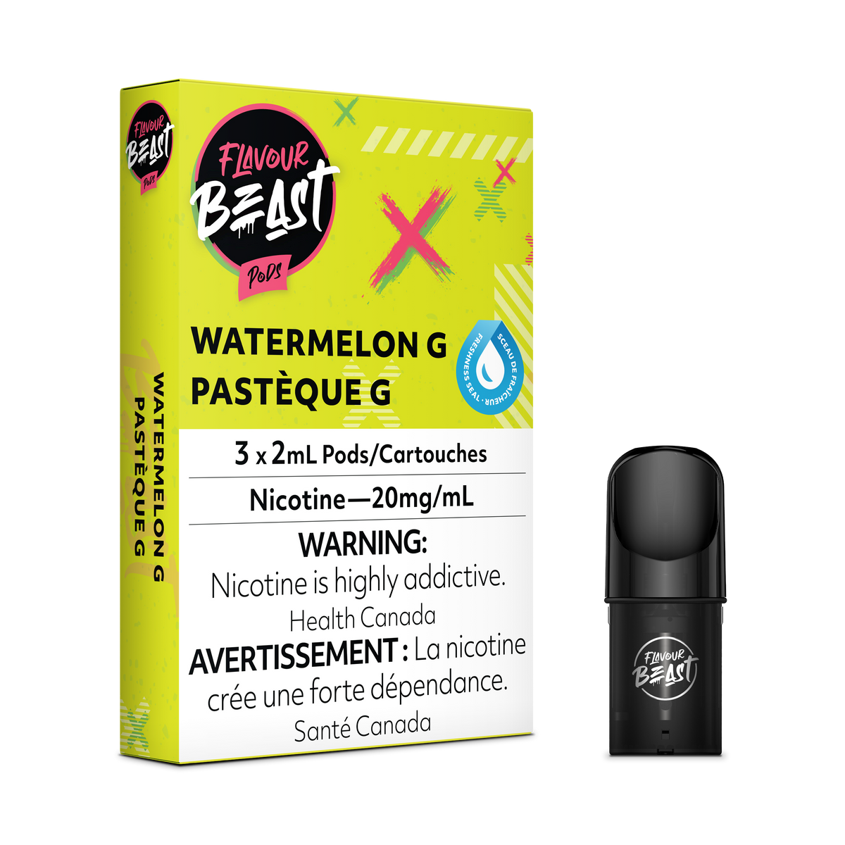 Flavour Beast Pod Pack - Watermelon G placed with fresh watermelon slices, highlighting its sweet and refreshing essence.