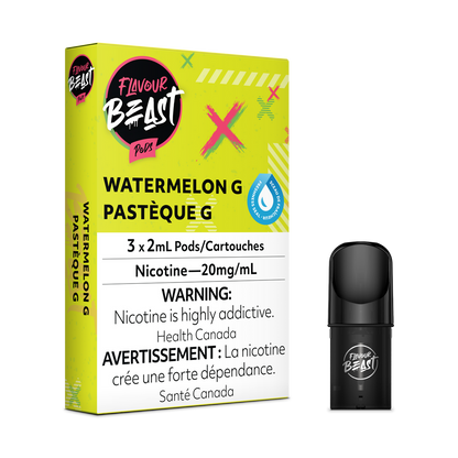 Flavour Beast Pod Pack - Watermelon G placed with fresh watermelon slices, highlighting its sweet and refreshing essence.