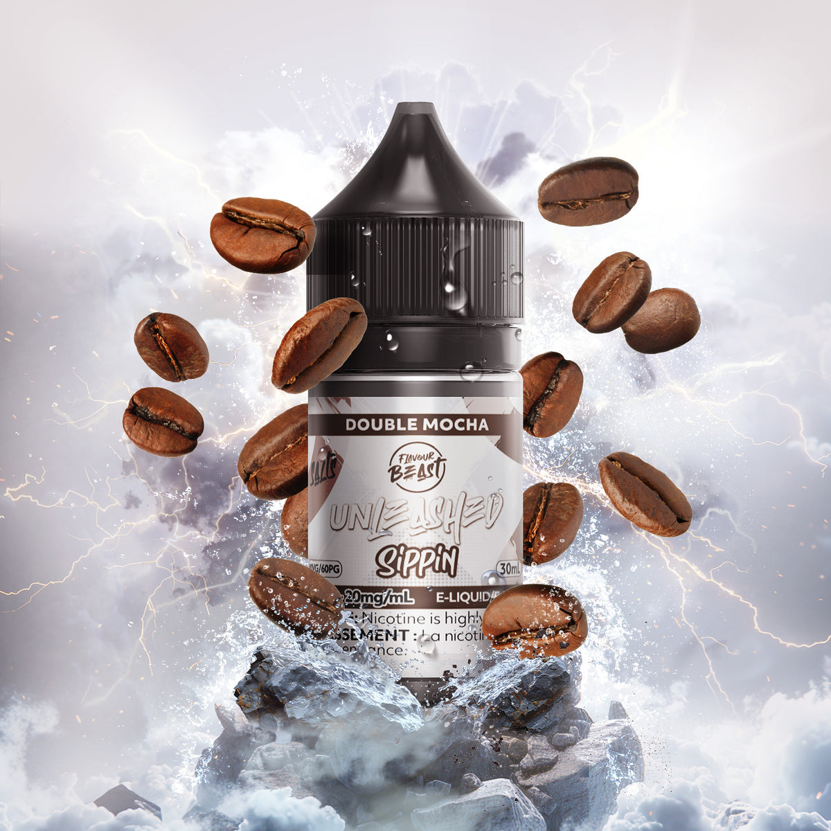 Flavour Beast Unleashed Sippin Double Mocha e-liquid bottle in a close-up, highlighting its bold coffee and creamy chocolate flavor.