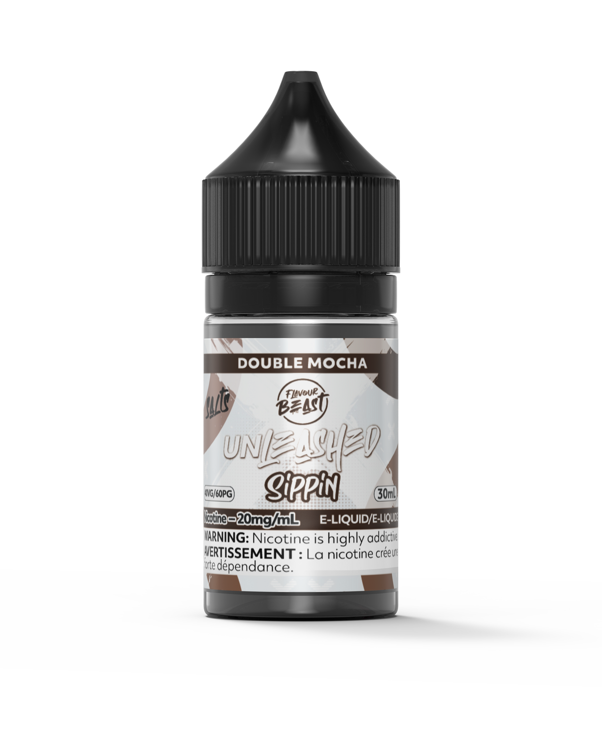Flavour Beast Double Mocha e-liquid bottle placed next to a steaming cup of coffee and a chocolate bar, emphasizing its rich and indulgent flavor profile.