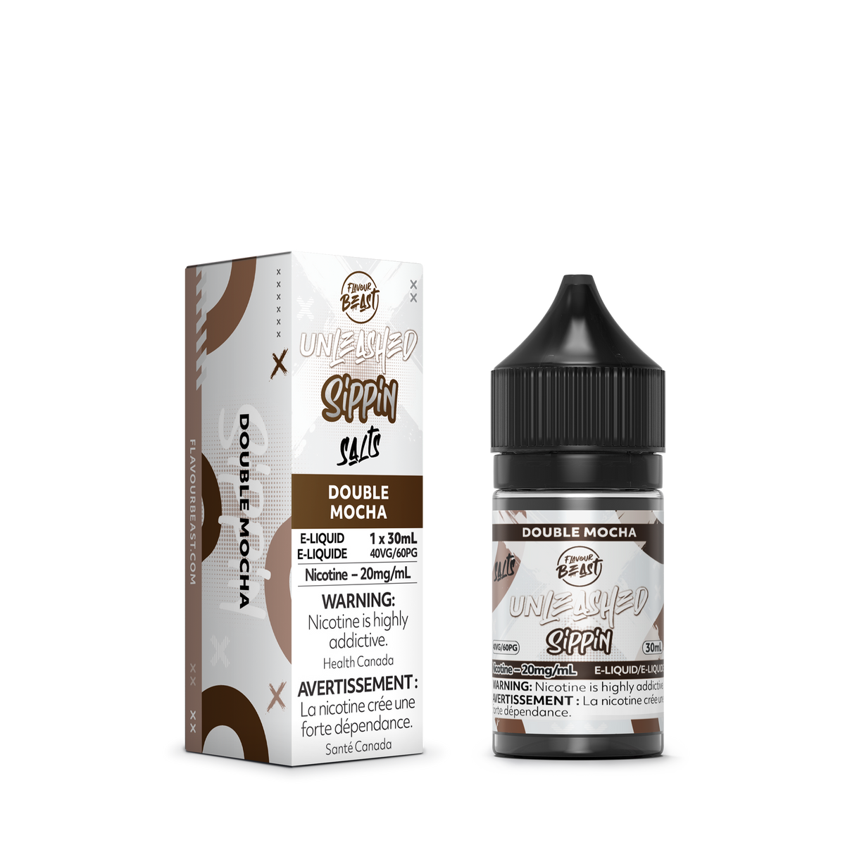 Flavour Beast Double Mocha e-liquid bottle with a mocha swirl design in the background, representing the fusion of coffee and chocolate flavors.