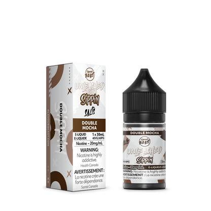 Flavour Beast Double Mocha e-liquid bottle with a mocha swirl design in the background, representing the fusion of coffee and chocolate flavors.