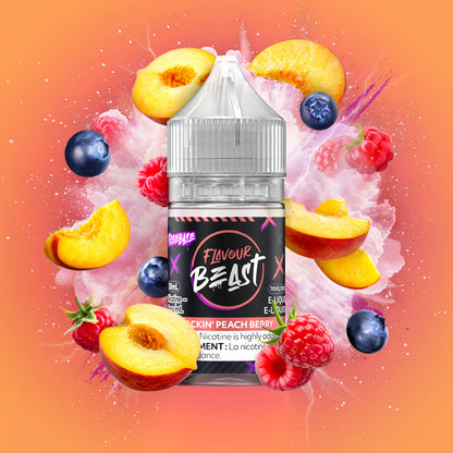  Flavour Beast Freebase Packin' Peach Berry 3mg 30mL displayed against a vibrant fruit-themed background, emphasizing its rich and tangy profile.