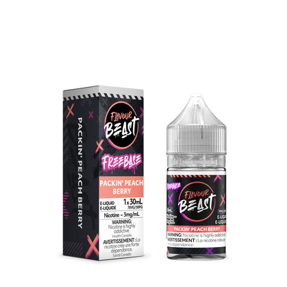 Flavour Beast Freebase - Packin' Peach Berry 3mg 30mL bottle, showcasing its bold mango and raspberry flavor.