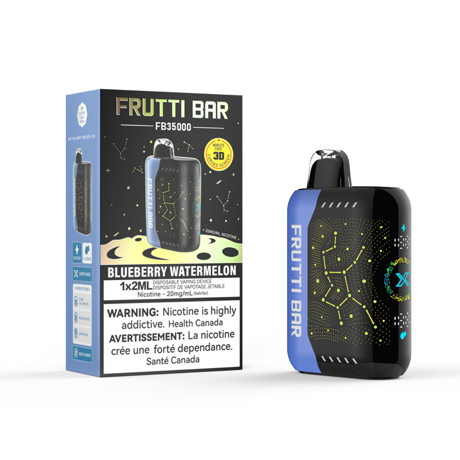 Frutti Bar Blueberry Watermelon Disposable Vape device and packaging on a white background