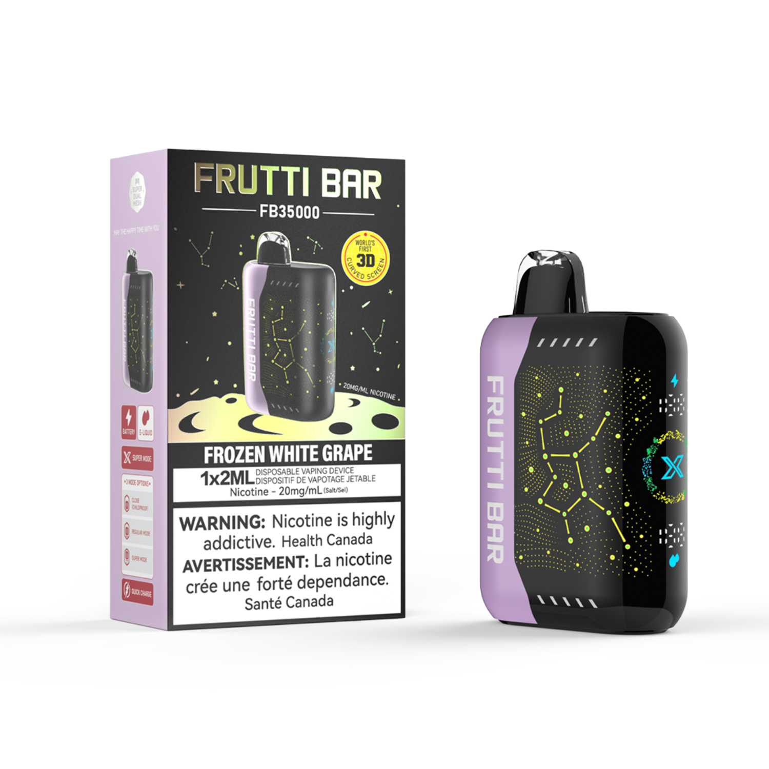 Frutti Bar Frozen White Grape Disposable vape device and packaging on a white background