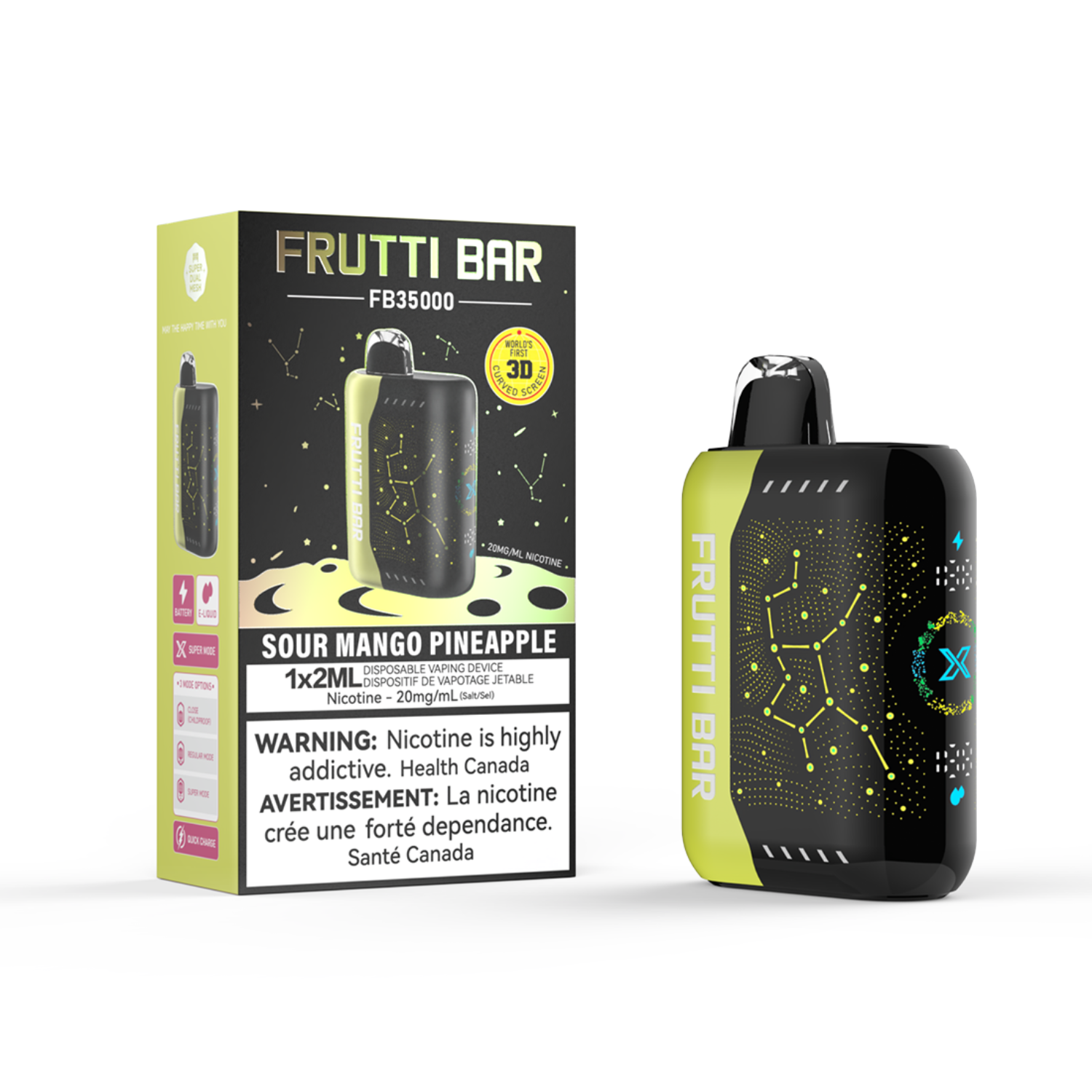 Frutti Bar Sour Mango Pineapple Disposable Vape Device and Packaging on a white background