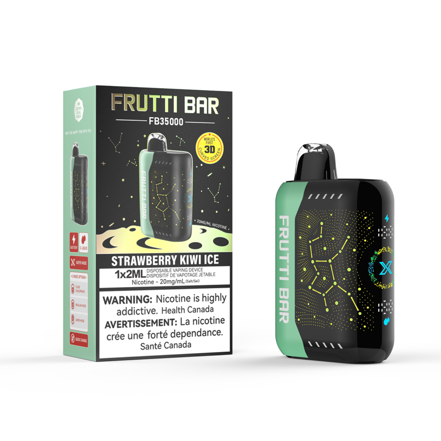 Frutti Bar Strawberry Kiwi Ice Disposable vape device and packaging on a white background