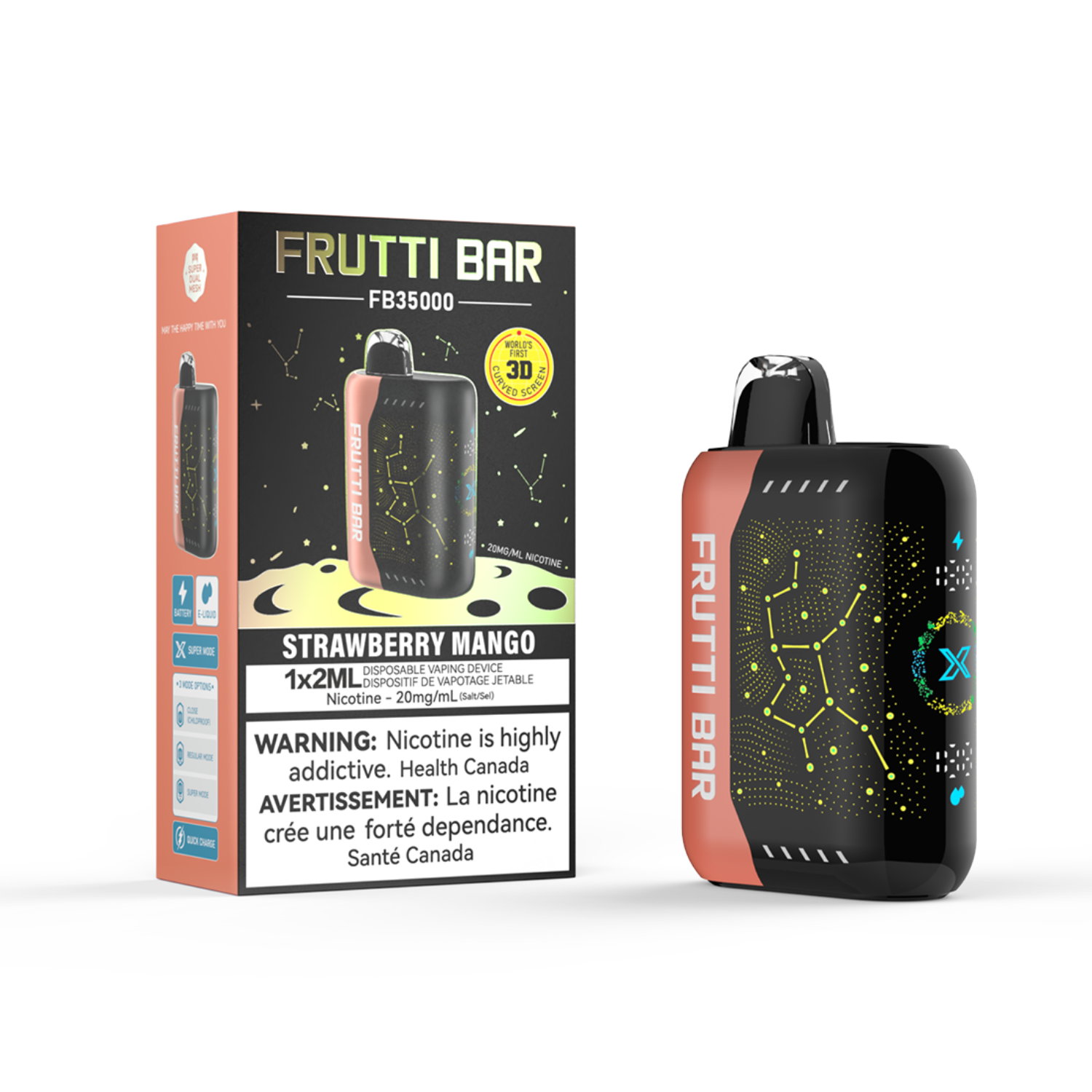 Frutti Bar Strawberry Mango Disposable vape device and packaging on a white background