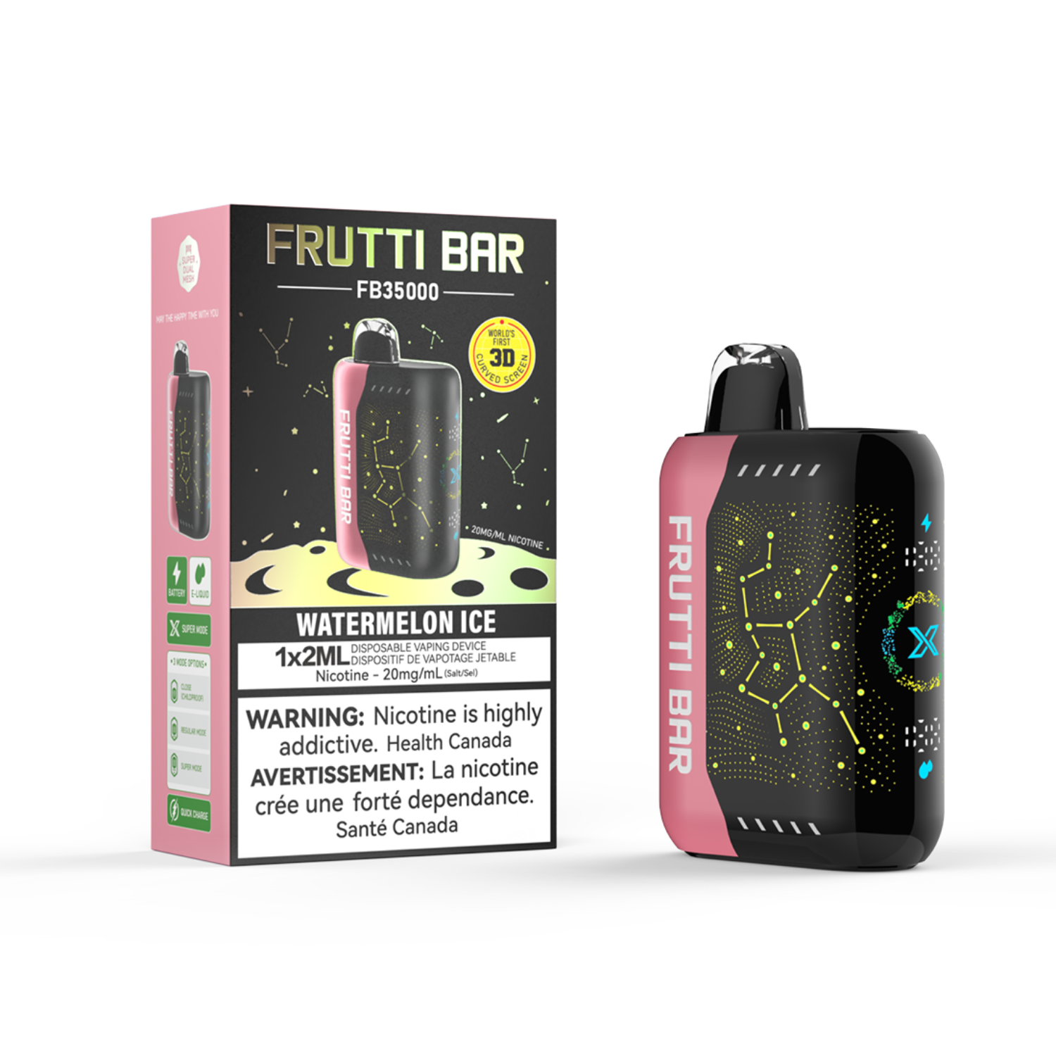 Frutti Bar Watermelon Ice Dispoable vape device and packaging on a white background