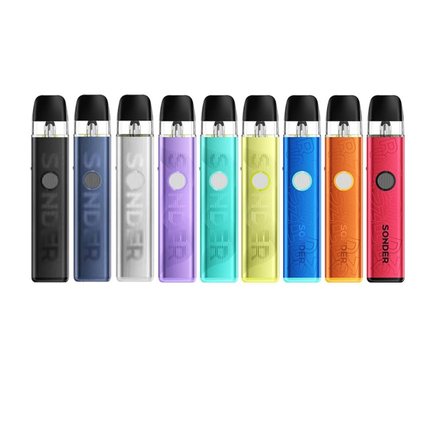 Geekvape Sponder Q 3 disposable vape devices in various colors (black, blue, silver, purple, teal, yellow, light blue, orange, and red) arranged in a row against a solid white background.