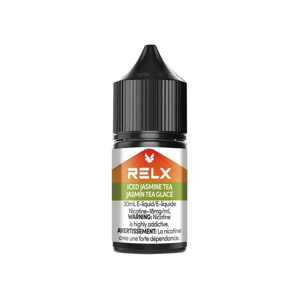 Iced Jasmine Tea RELX Nic Salt E-Liquid 20mg 30mL bottle, showcasing floral jasmine tea flavor with an icy finish.