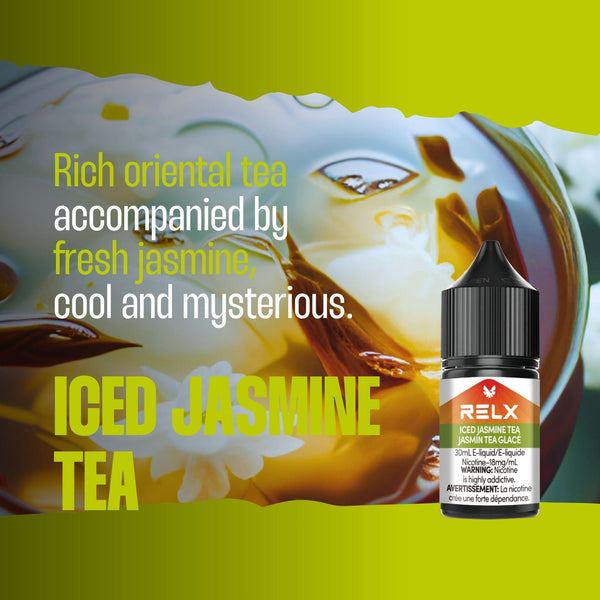 Iced Jasmine Tea RELX Nic Salt E-Liquid 20mg 30mL displayed with vibrant floral visuals and frosty elements, emphasizing its cool, floral flavor.