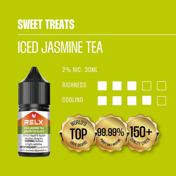 Iced Jasmine Tea RELX Nic Salt E-Liquid with fresh jasmine flowers and iced tea, highlighting its crisp, refreshing taste.