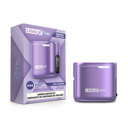 Lush Lavender Level X G2 vaping device with packaging on a white background