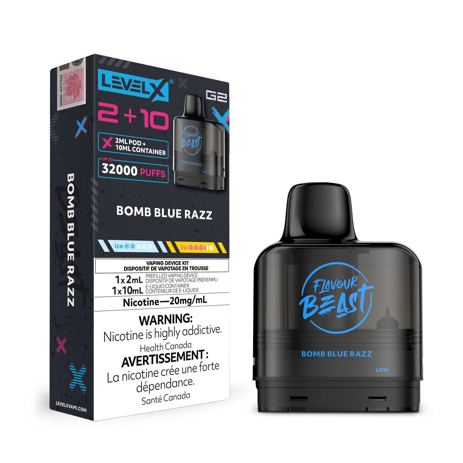 Level X G2 Bomb Blue Razz and packaging with 'Flavour Beast' branding on a white background