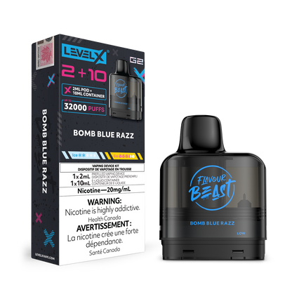 Level X G2 Bomb Blue Razz and packaging with 'Flavour Beast' branding on a white background