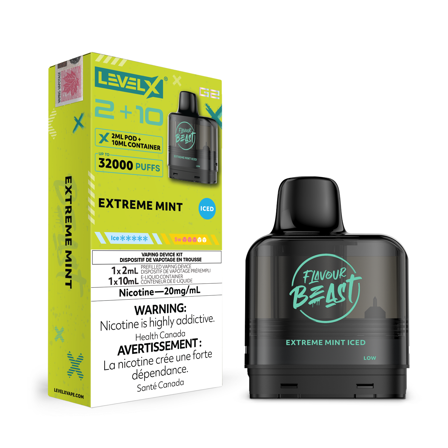 Level X G2 Extreme Mint Vape Pod and packaging with 'Flavour Beast' branding on a white background