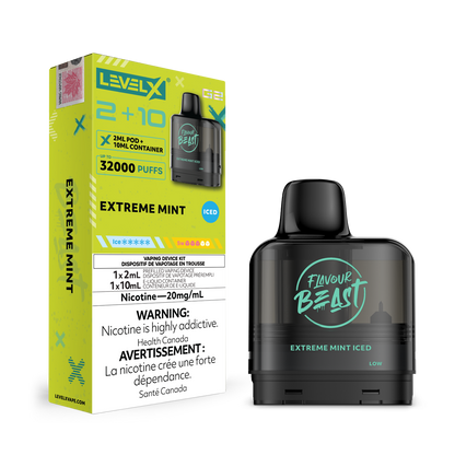 Level X G2 Extreme Mint Vape Pod and packaging with 'Flavour Beast' branding on a white background