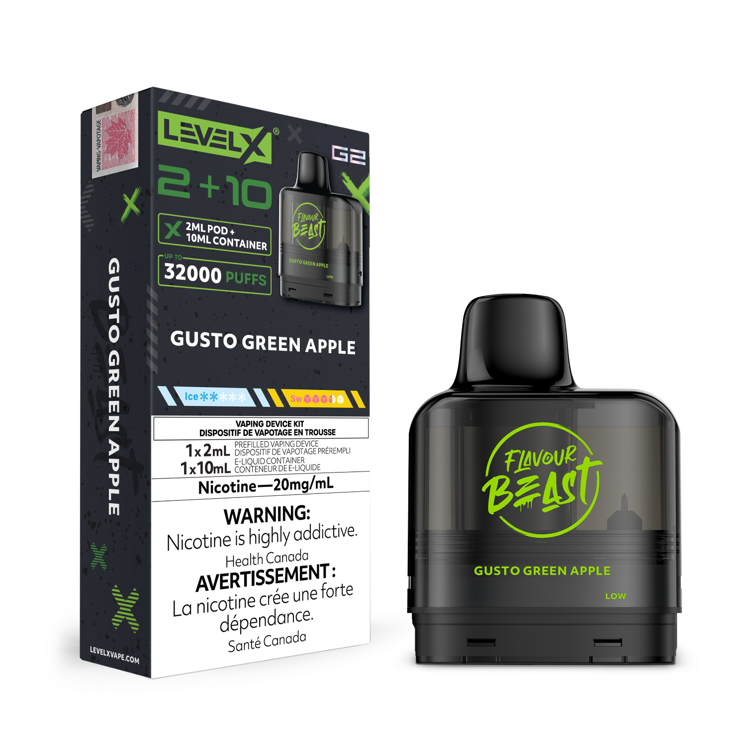 Level X G2 Gusto Green Apple vape pod and packaging with 'Flavour Beast' branding on a white background