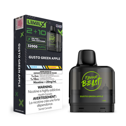 Level X G2 Gusto Green Apple vape pod and packaging with 'Flavour Beast' branding on a white background