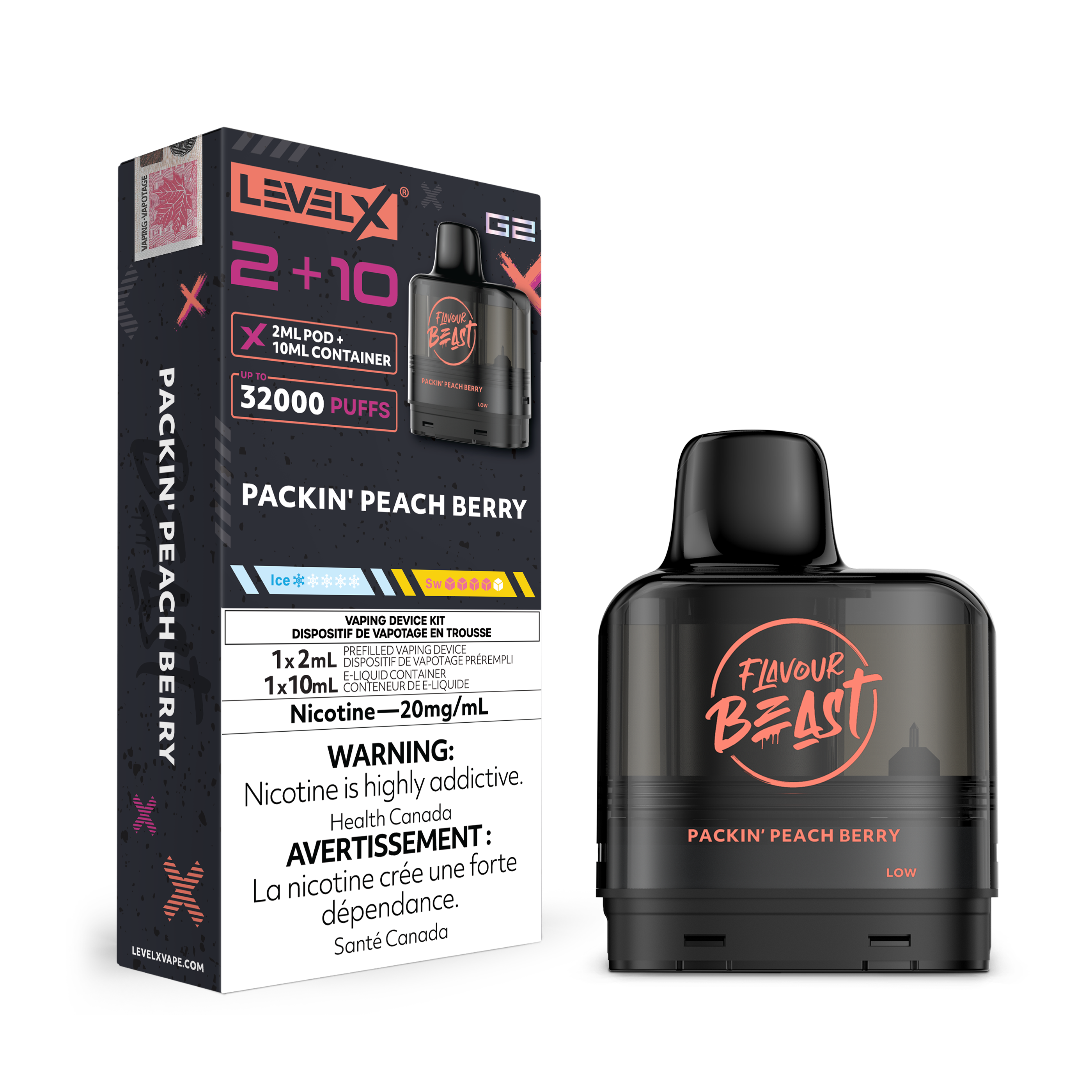 Lexel X G2 Packin Peach Berry Vape Pod and packaging with 'Flavour Beast' branding on a white background