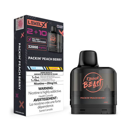 Lexel X G2 Packin Peach Berry Vape Pod and packaging with 'Flavour Beast' branding on a white background