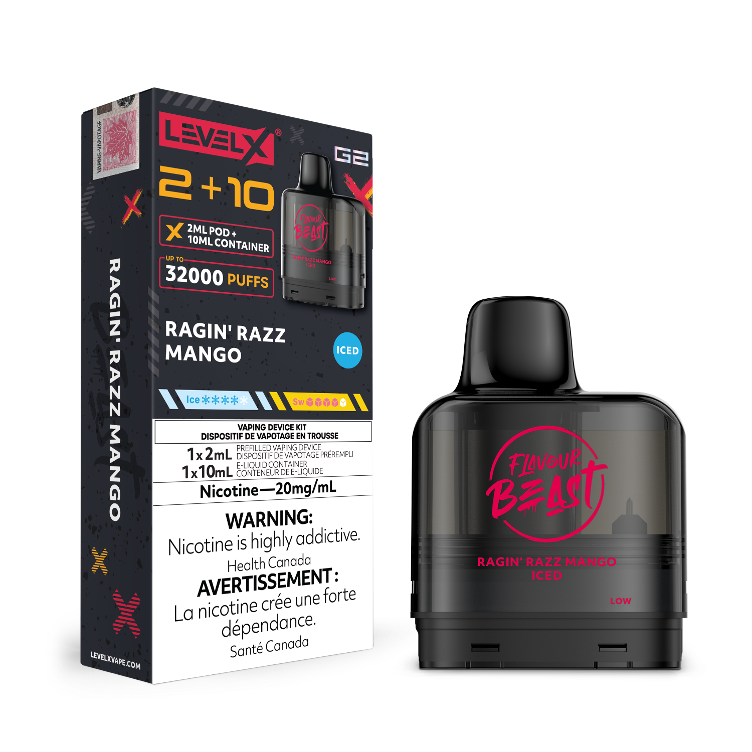 Level X G2 Ragin' Razz Mango Vape Pod and packaging with 'Flavour Beast' branding on a white background