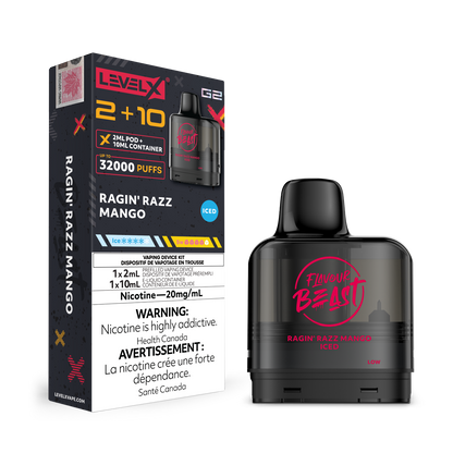 Level X G2 Ragin' Razz Mango Vape Pod and packaging with 'Flavour Beast' branding on a white background